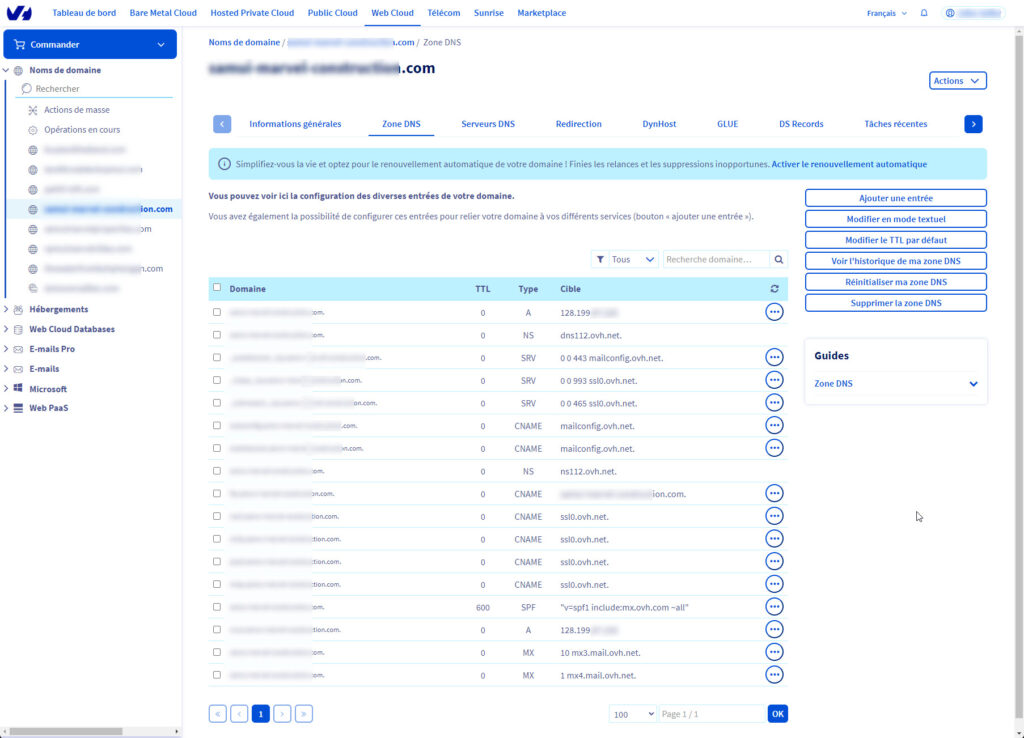 gestion des zones DNS d'un domaine chez OVH