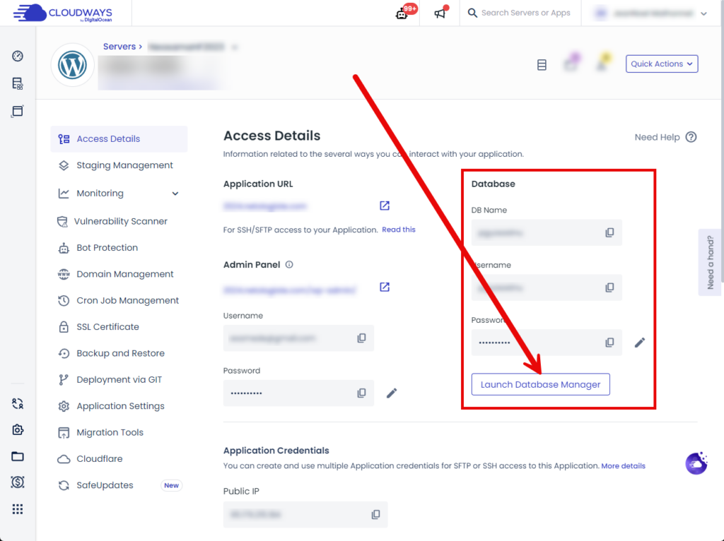 gestion base de données chez Cloudways (database manager)