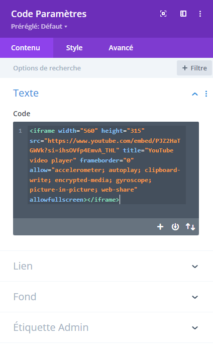code youtube dans divi