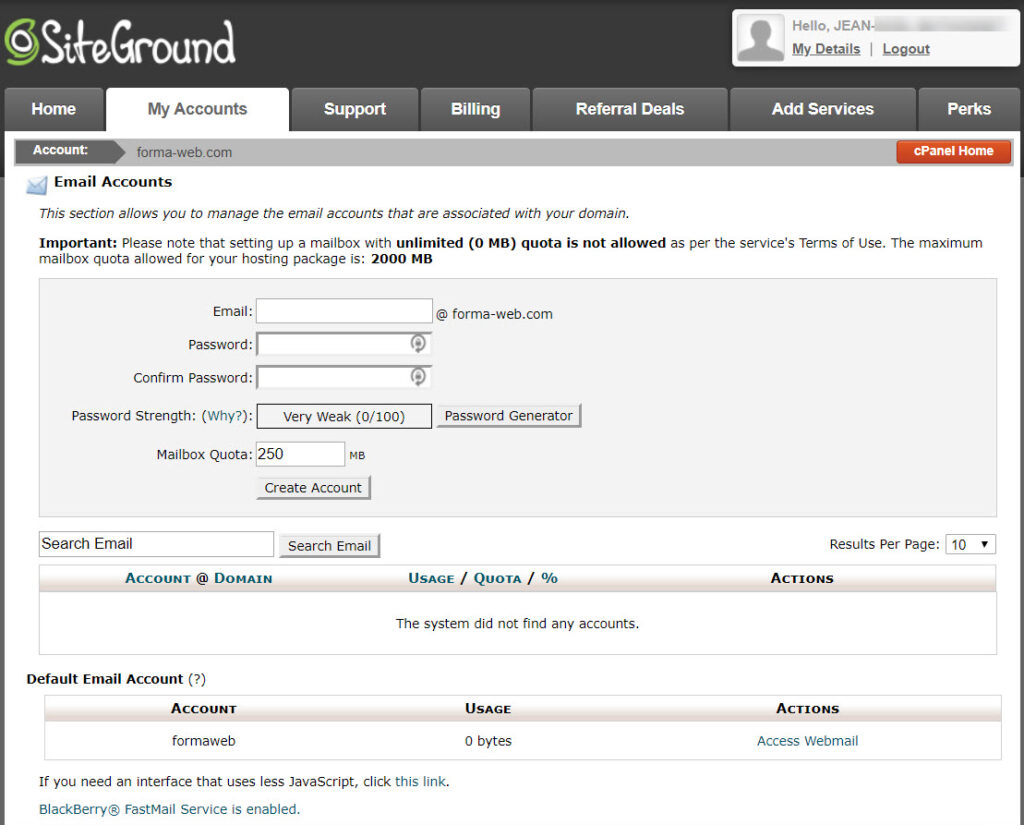 céeation email siteground cpanel