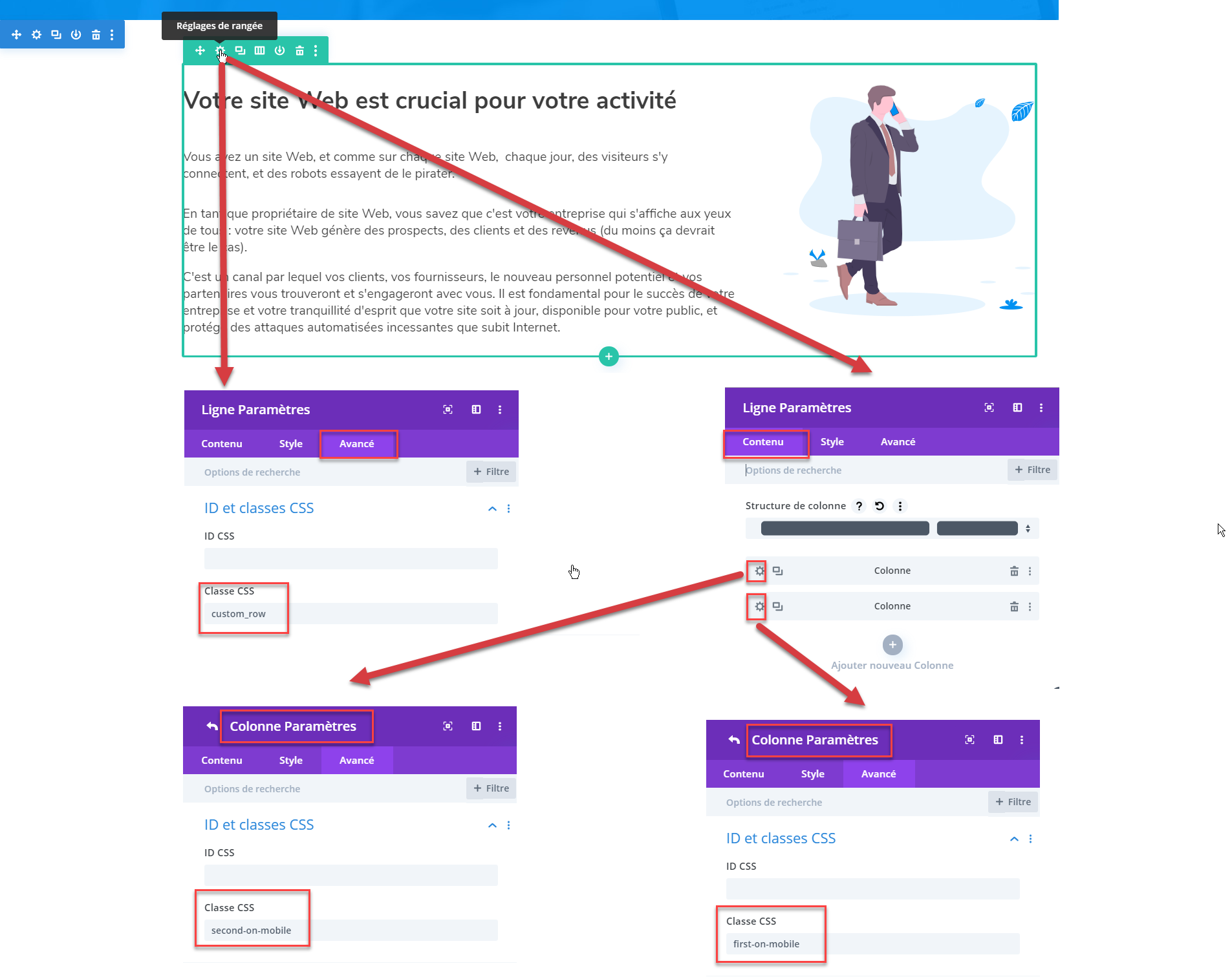 divi ordre colonnes mobile responsive