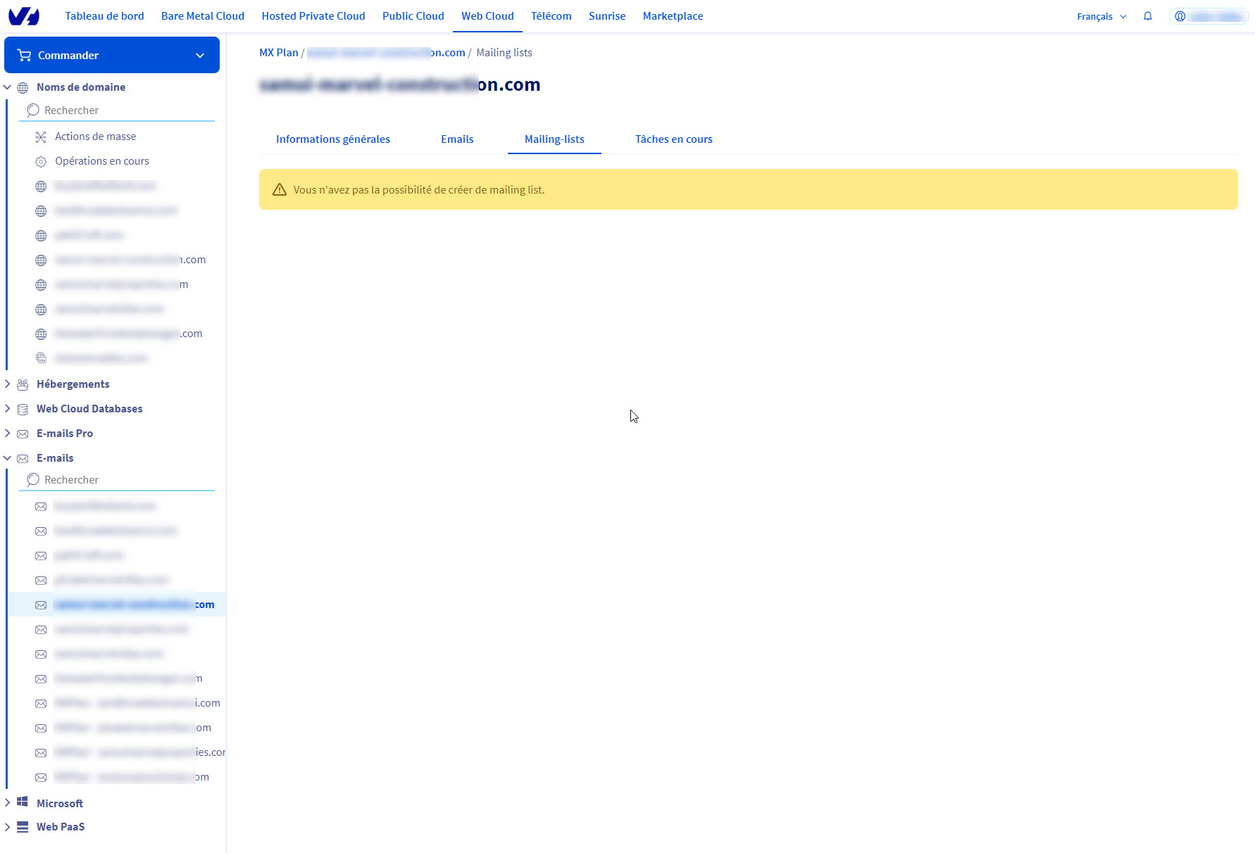 Cliquer sur "Emails" redirige d'abord vers "Mailing-Lists"