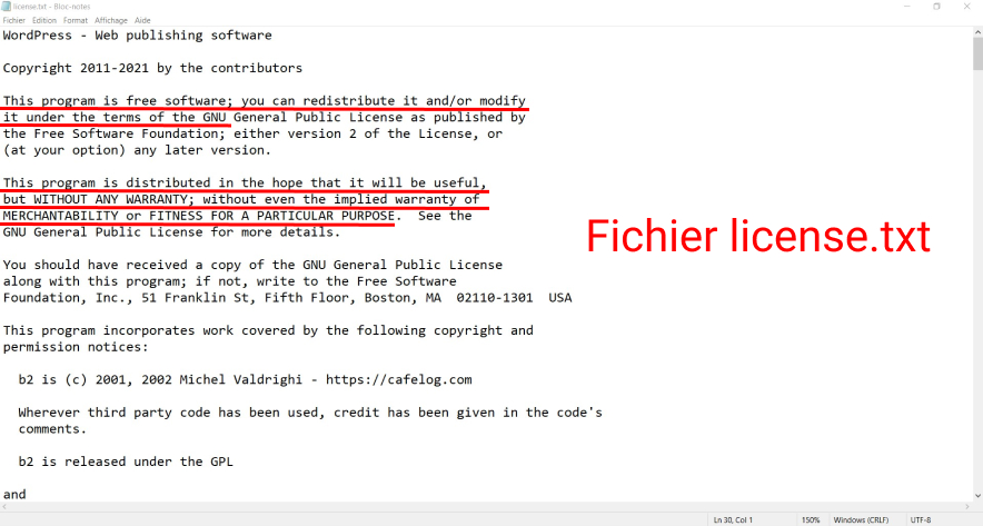 fichier license.txt de WordPress