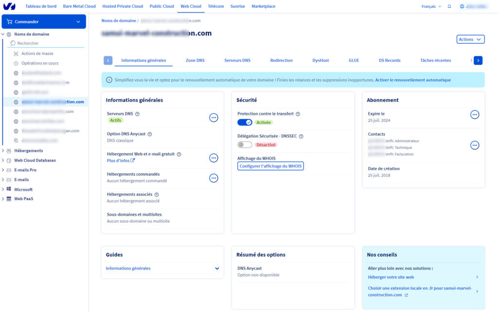 L'interface "Informations générales" d'un nom de domaine chez OVH