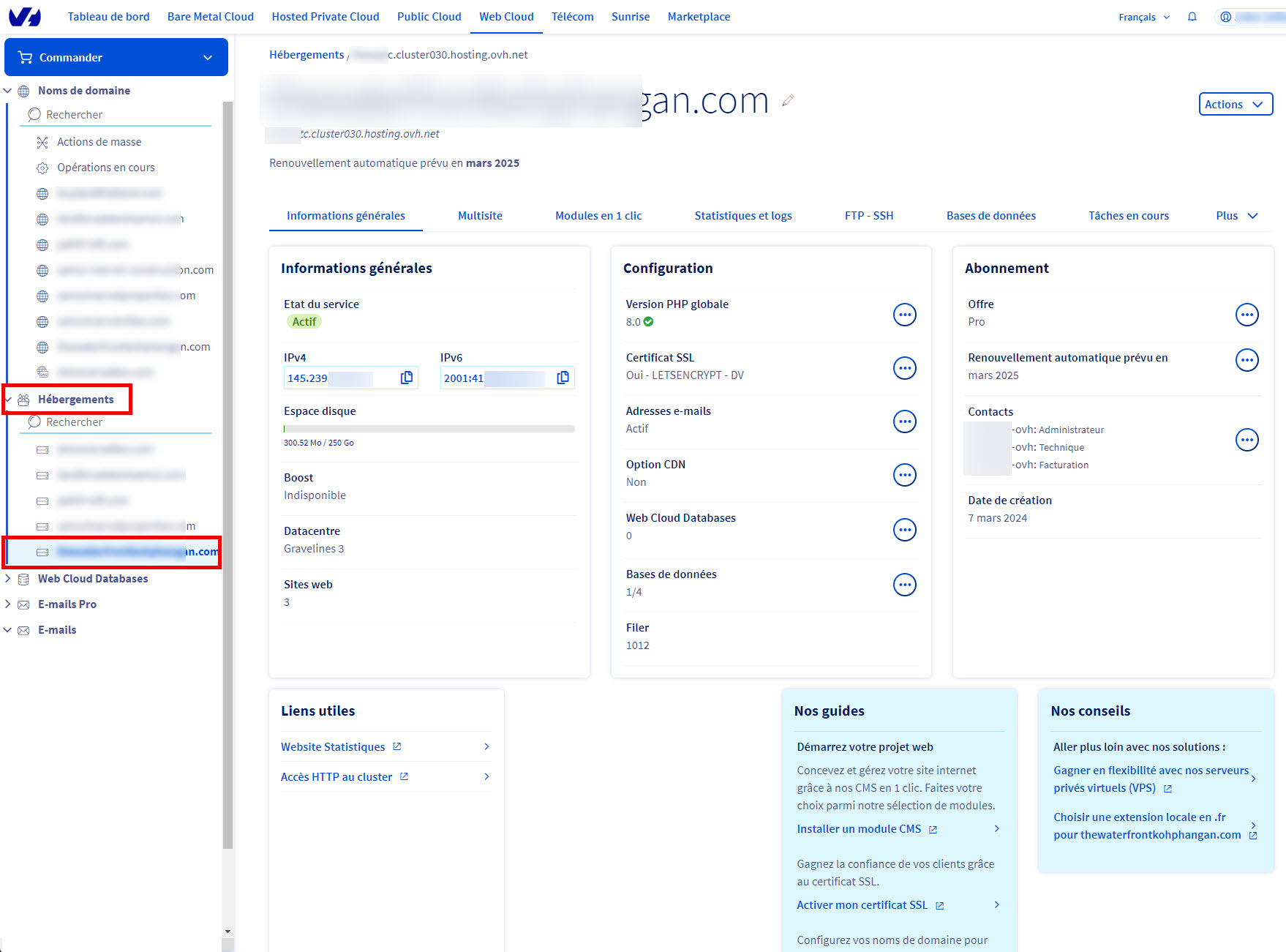 Aperçu d'une offre d'hébergement chez OVH