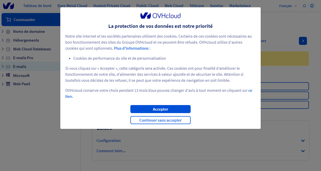 interface OVH cookies