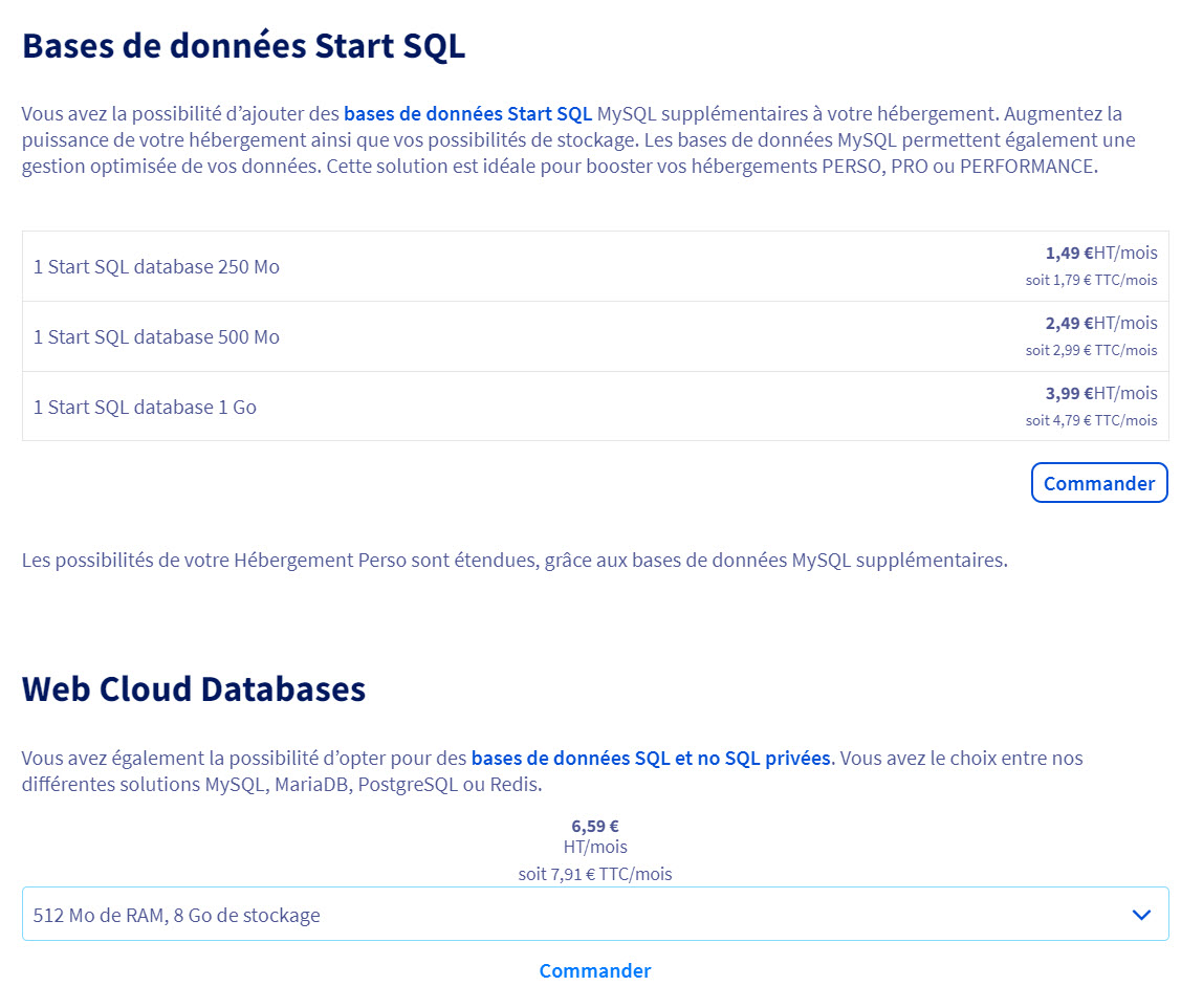 ovh ajouter des bases de données
