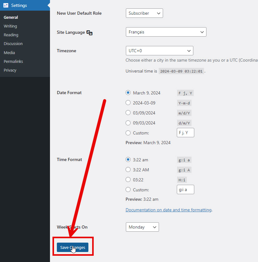 sauvegarde modification langue dans les options de WordPress
