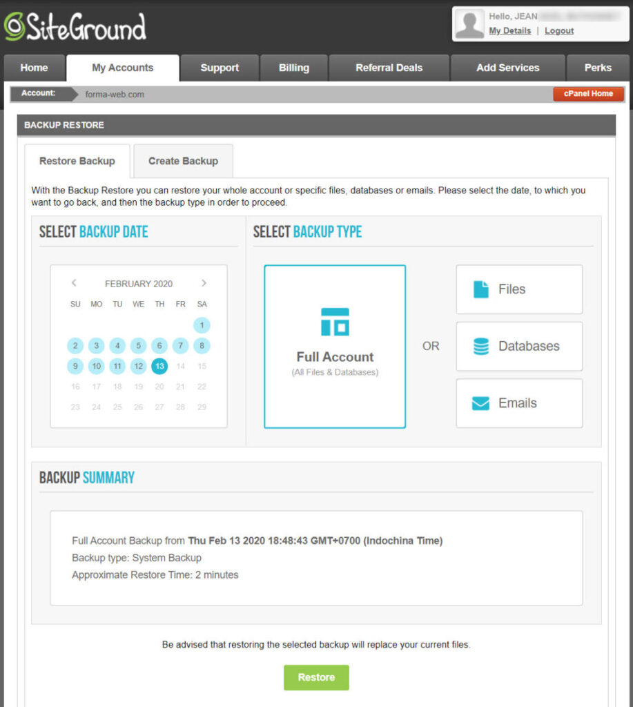 sauvegardes backup restore siteground
