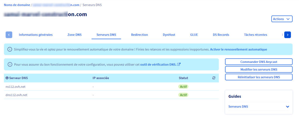 gestion des serveurs DNS d'un nom de domaine chez OVH