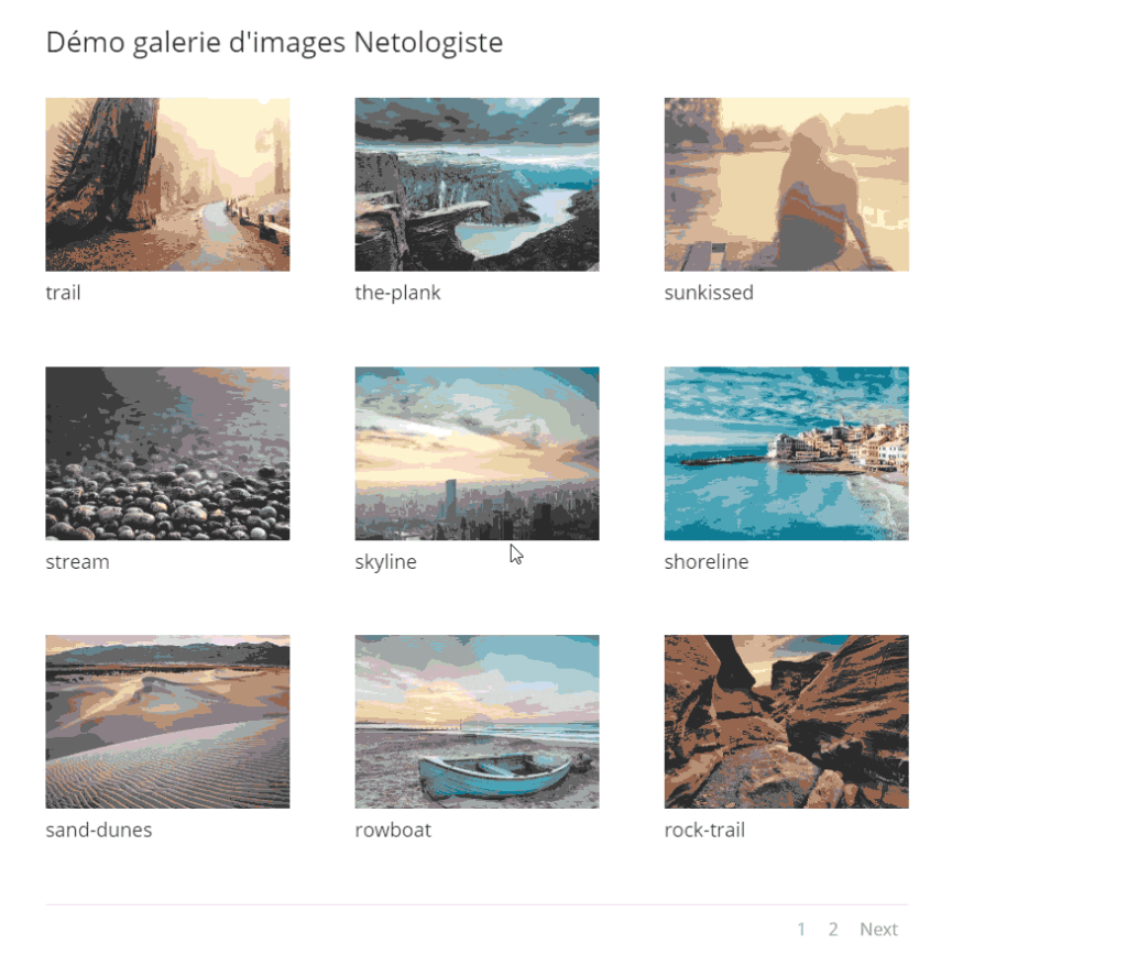 Démonstration du module Galerie de Divi : grille de 9 photos sur 3 colonnes, avec le titre sous chaque image et une pagination
