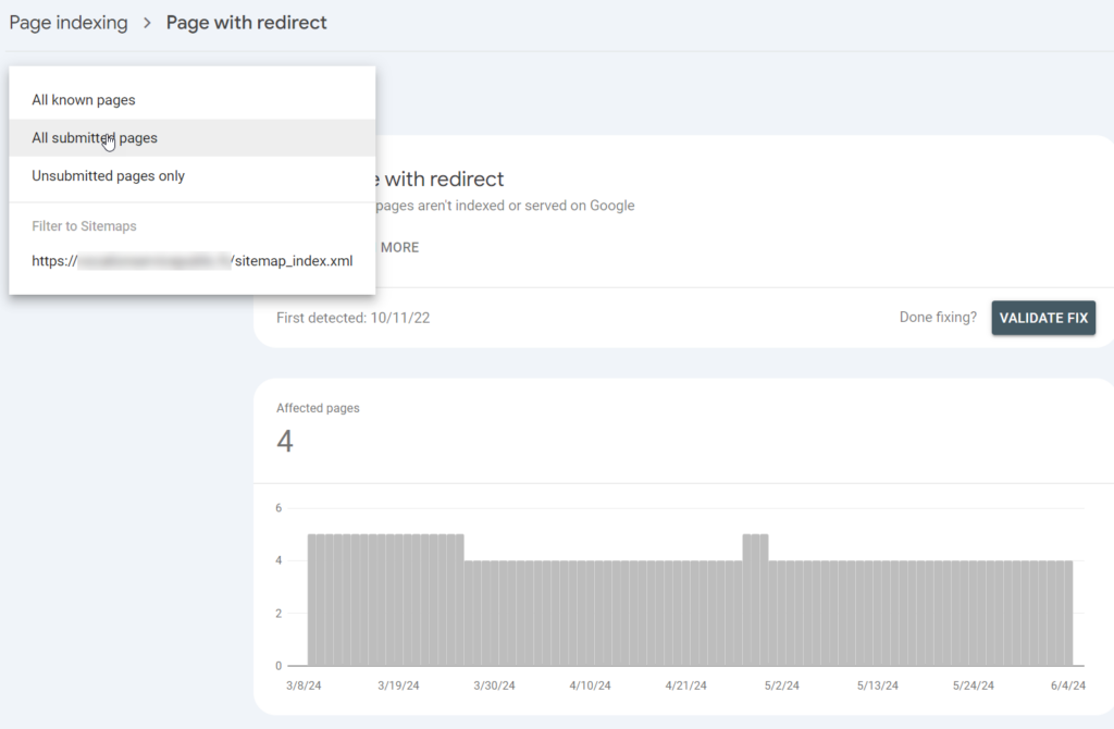 google search console page with redirect all submitted pages