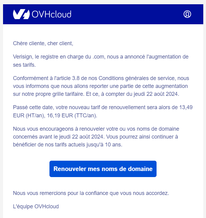 Changement prix domaines .com OVH 2024