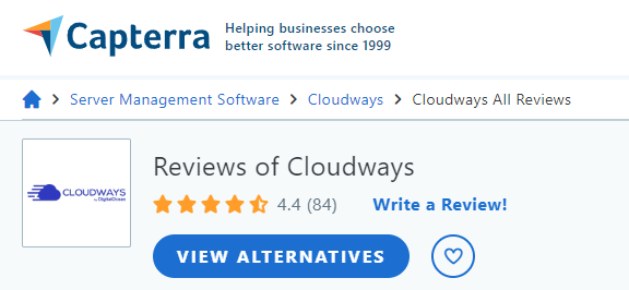avis Capterra sur Cloudways : 4.4/5 (84 avis)
