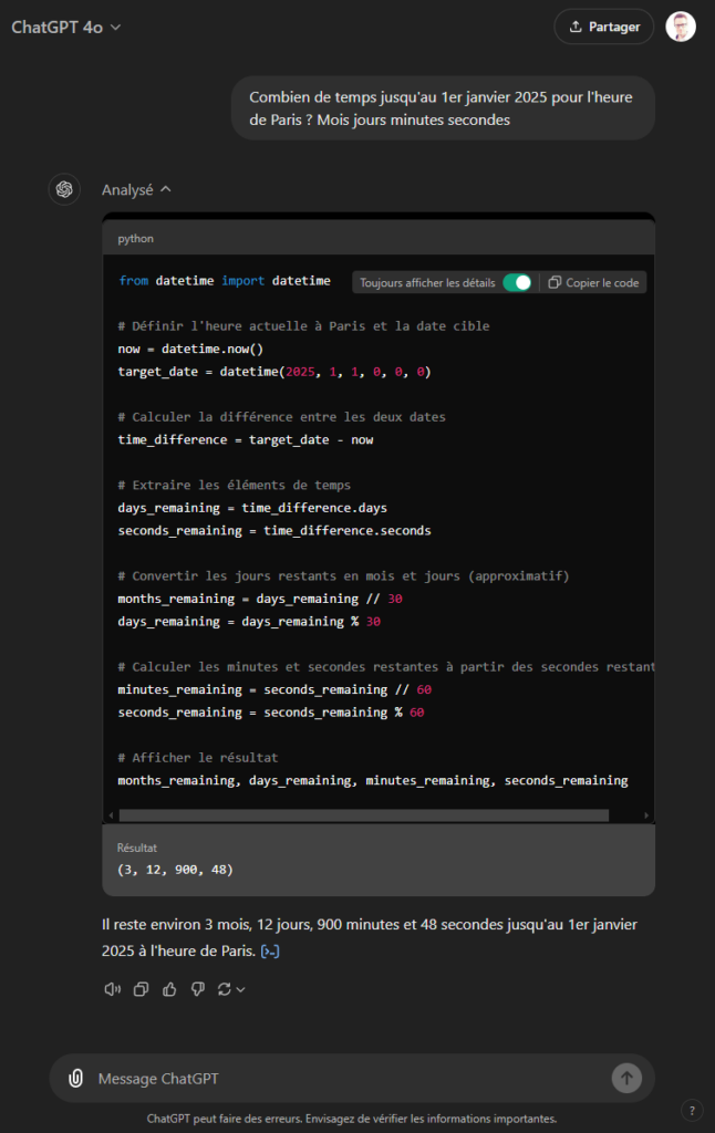 ChatGPT 4o réfléchit avec du code