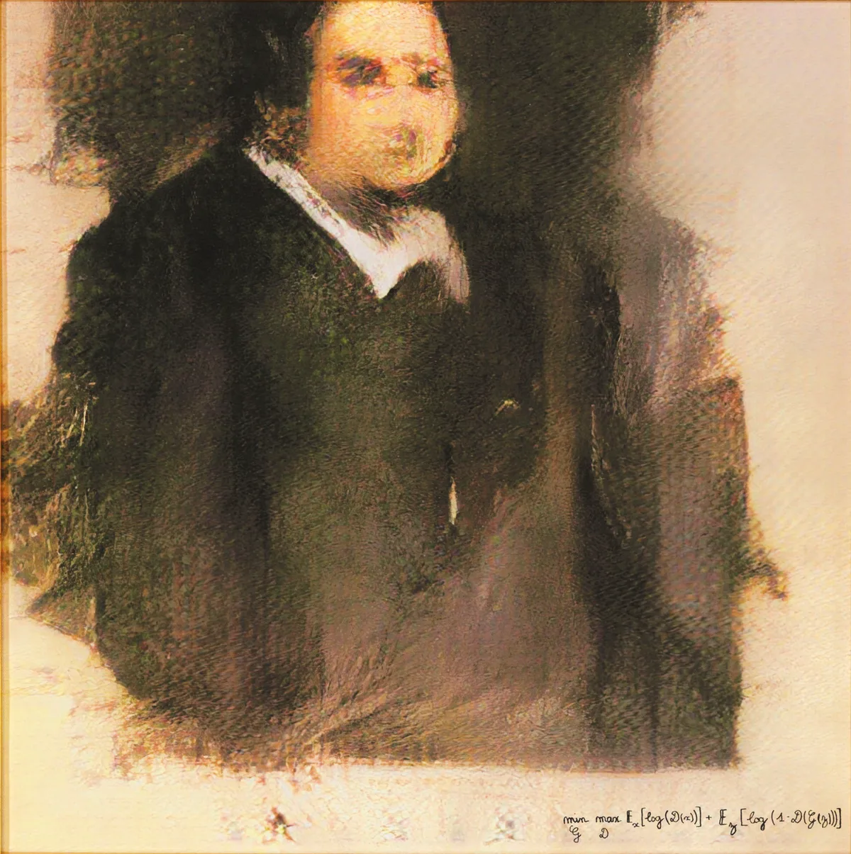 Portrait d'Edmond de Belamy, homme en redingote sombre au visage flou, créé avec un GAN par le collectif Obvious