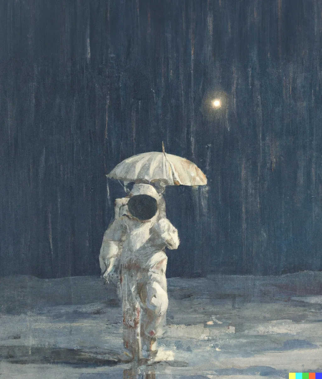 Astronaute trempé sous un parapluie blanc, sous la pluie sur la Lune, généré par DALL·E 2