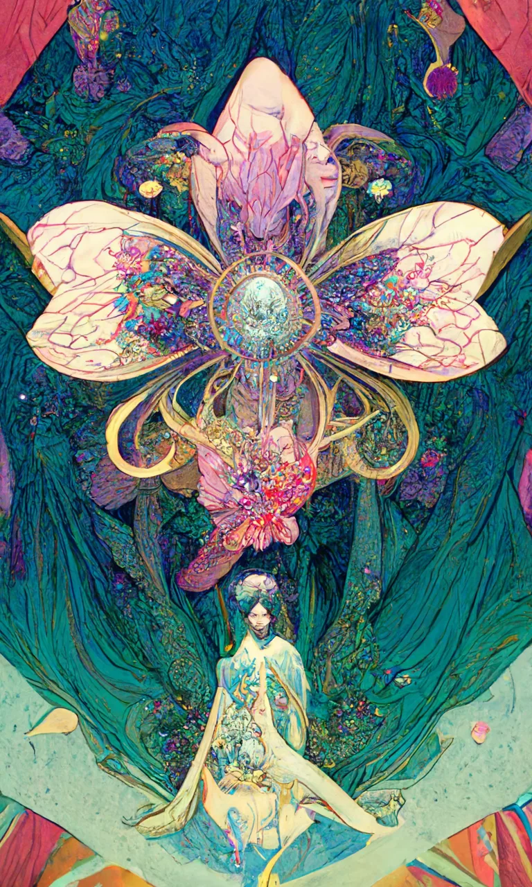 Carte de tarot illustrée : femme assise sous une grande fleur, style Art nouveau, générée par Midjourney en 2022