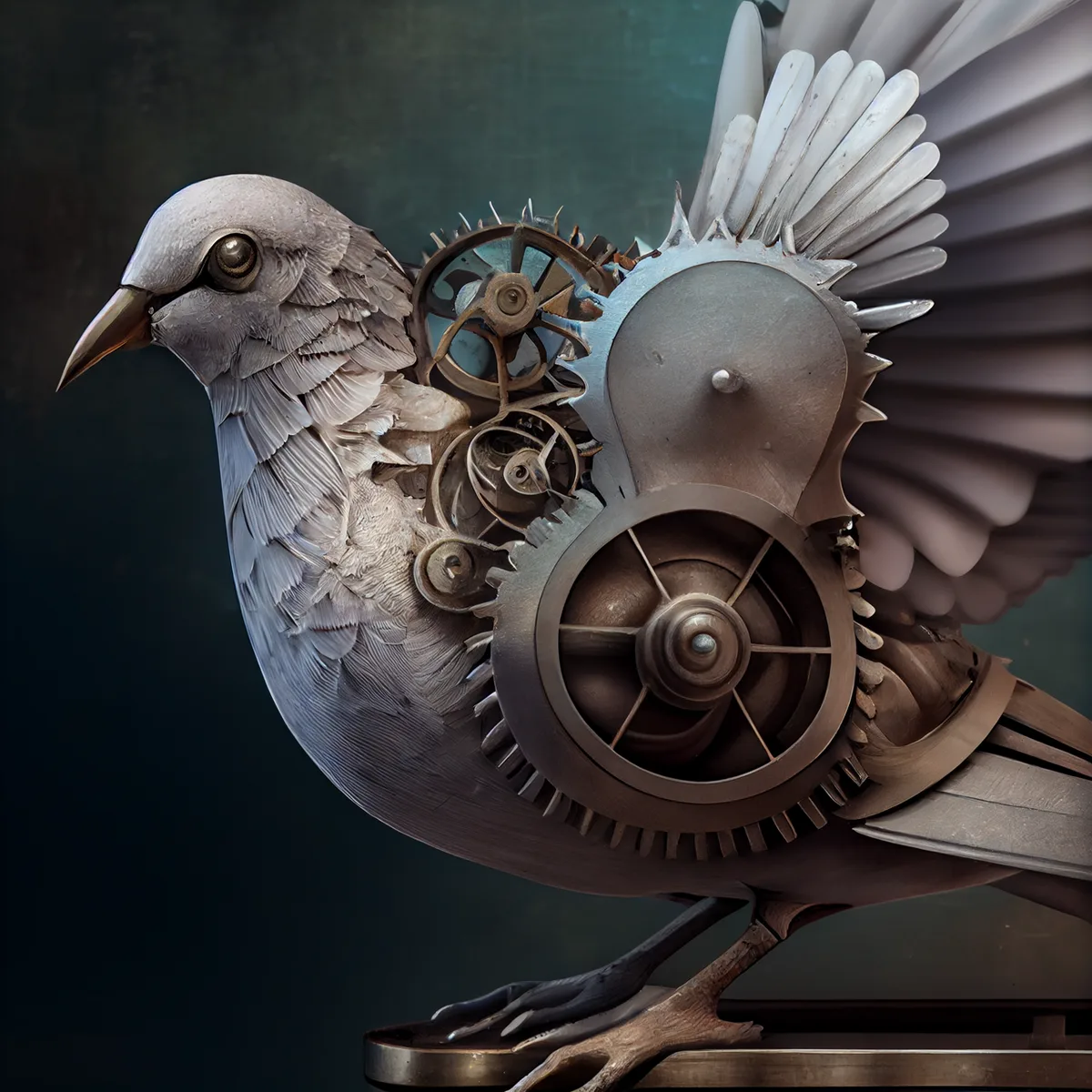 Colombe mécanique aux plumes de métal, générée par Midjourney V4 en novembre 2022
