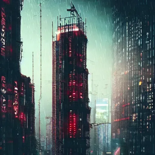 Ville cyberpunk sous la pluie générée par Stable Diffusion en 2022, en 512 pixels