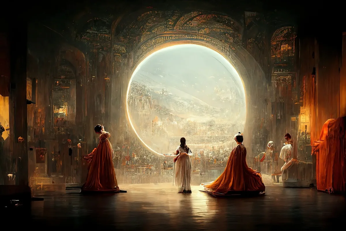 Théâtre D'opéra Spatial : personnages en robe dans une salle baroque ouverte sur un disque lumineux, créé avec Midjourney par Jason M. Allen