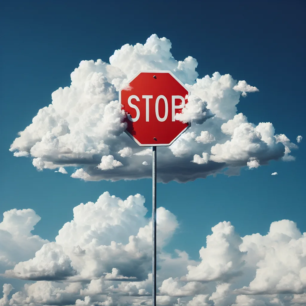 Panneau stop au-dessus de nuages, généré par DALL·E 3 à partir de la même phrase