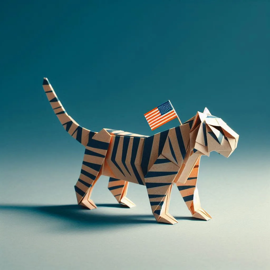 Tigre en origami rayé de noir et d'orange, généré par DALL·E 3