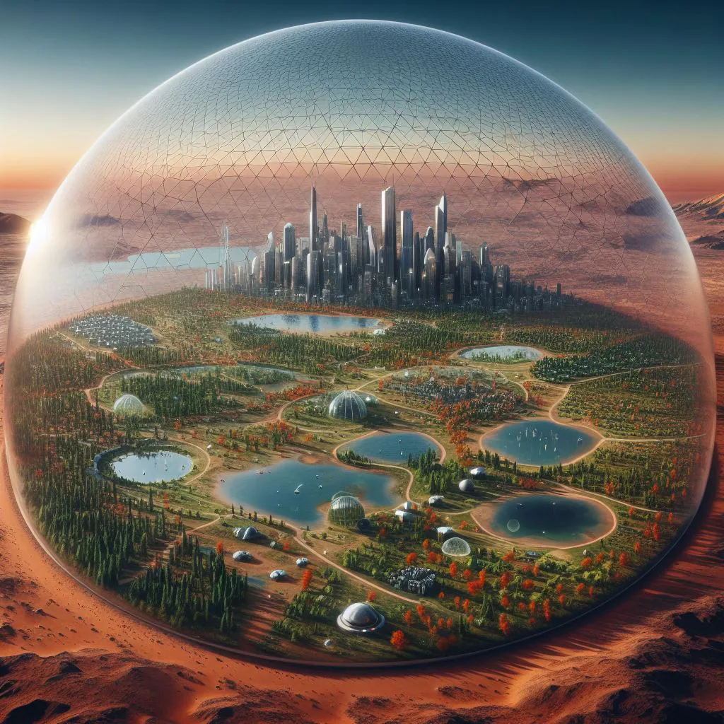 Ville sur Mars sous un dôme de verre avec forêts, champs et lacs, générée par DALL·E 3