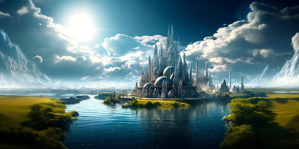 Ville futuriste au bord d'un lac au pied de montagnes, générée par Midjourney en 2023