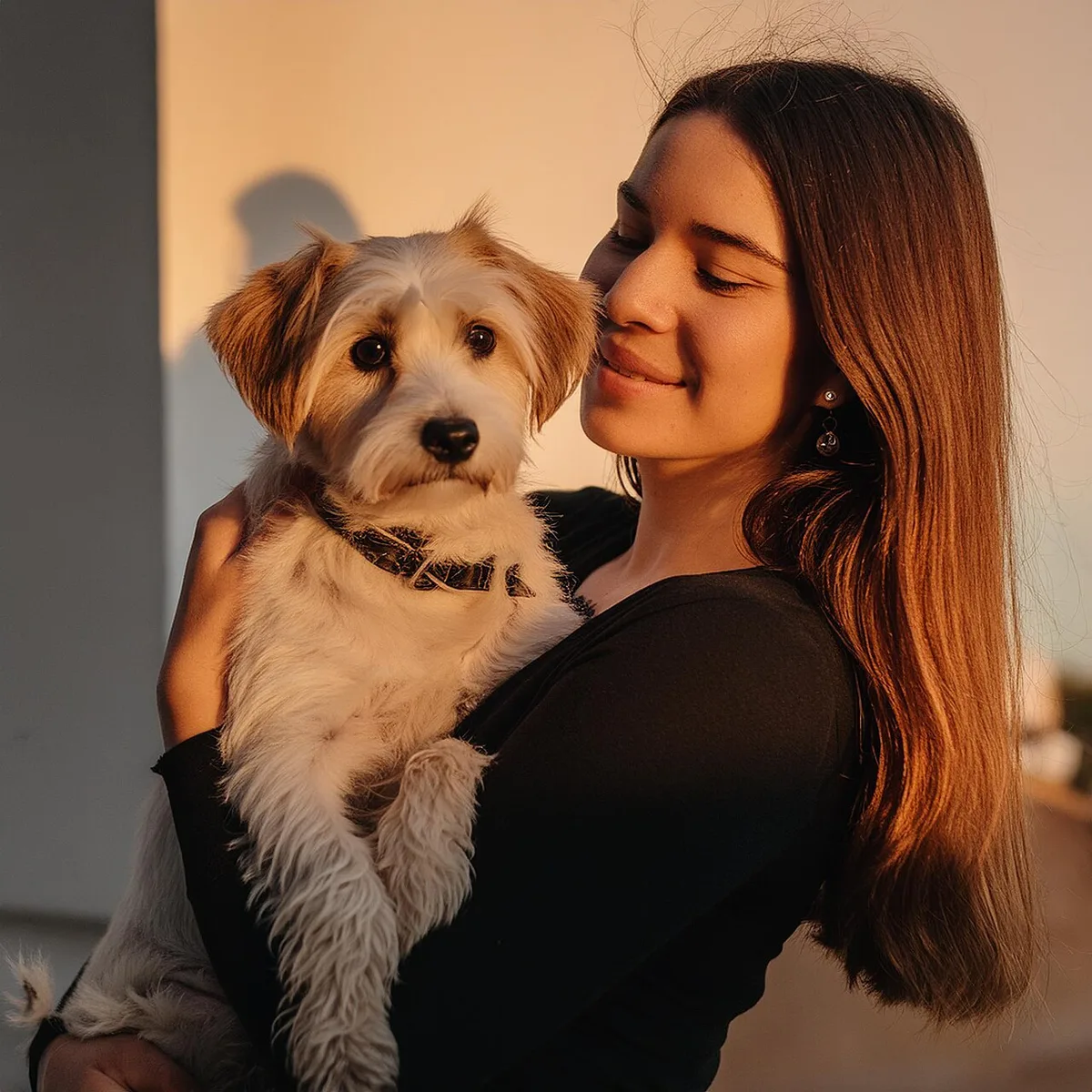 Portrait photoréaliste d'une jeune femme tenant un chien, généré par Adobe Firefly Image 3