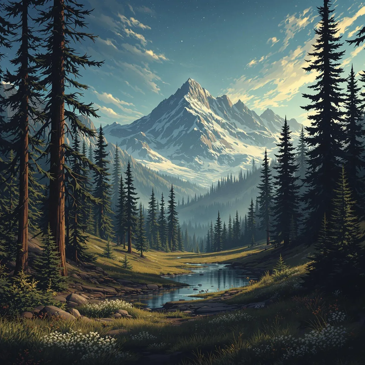 Chemin vers une forêt de sapins et des montagnes, généré par FLUX 1.1 Pro Ultra