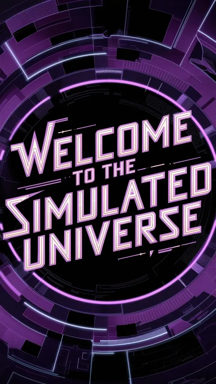 Affiche violette avec le texte « Welcome to the Simulated Universe » parfaitement lisible, générée par Ideogram 1.0
