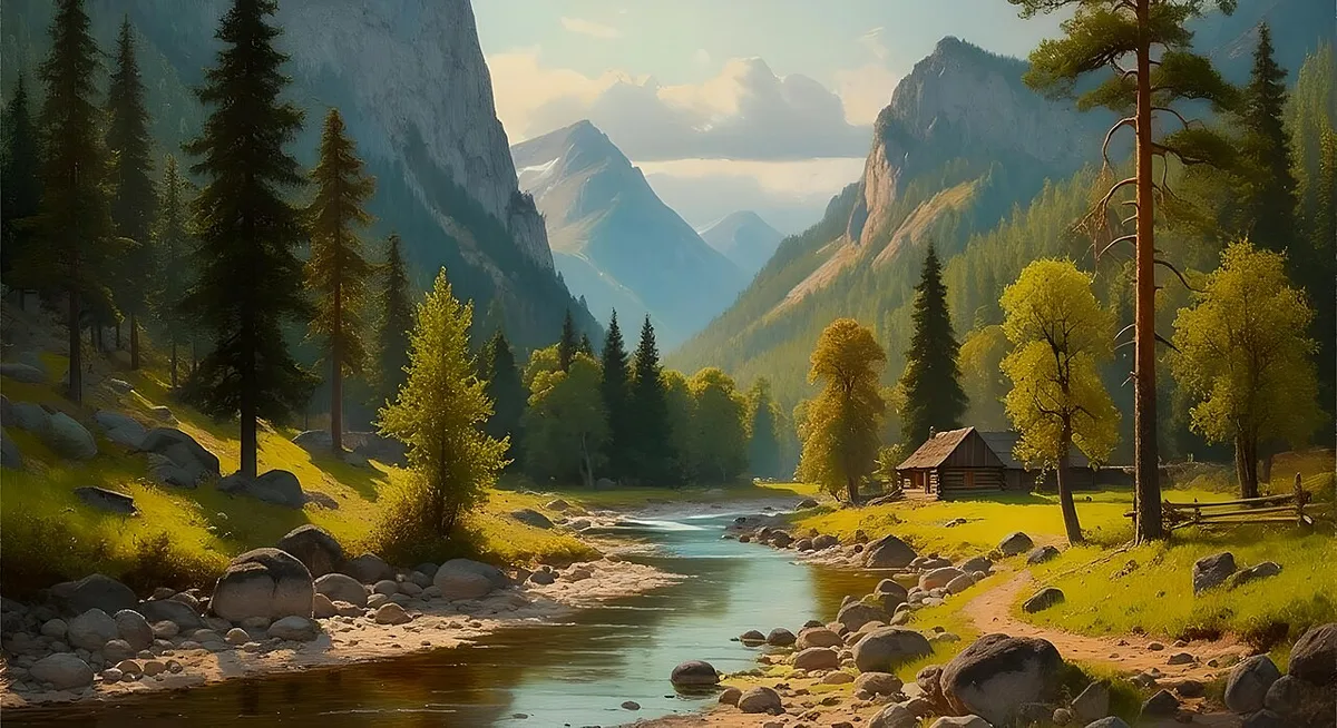 Vallée de montagne avec rivière et forêt dans la lumière de l'après-midi, générée par Imagen 3