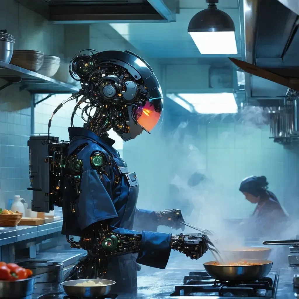 Robot humanoïde cuisinier dans une cuisine futuriste, généré par Stable Diffusion 3.5