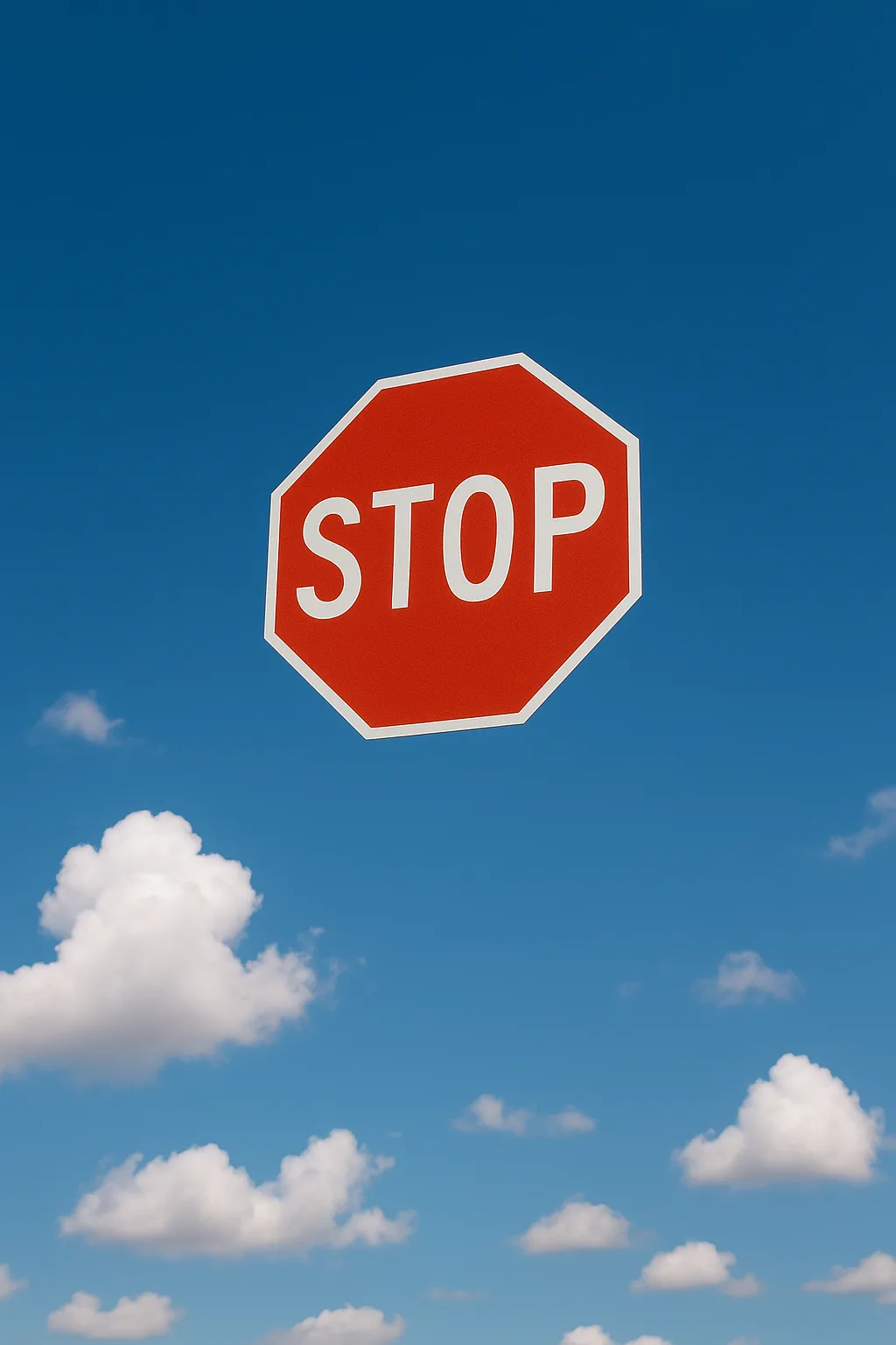 Panneau stop qui vole dans un ciel bleu, généré par GPT Image 1 en 2025